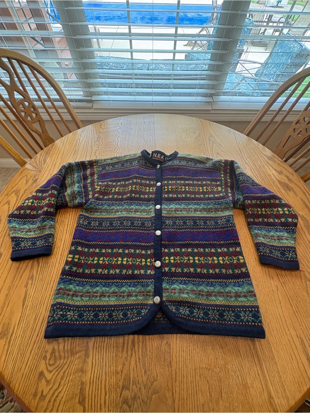 NEK Vintage Nordic Fair Isle Striped Cardigan L 80’s-90’s Northeast Knitters